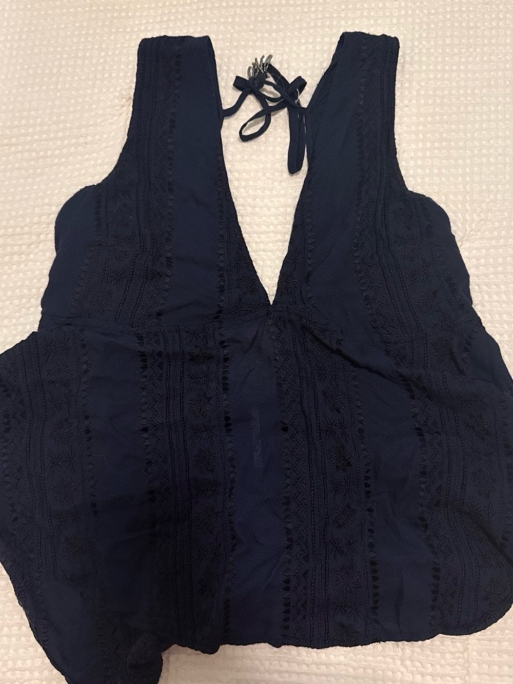 Free People Navy Embroidered Deep V Tie-Back Camisole